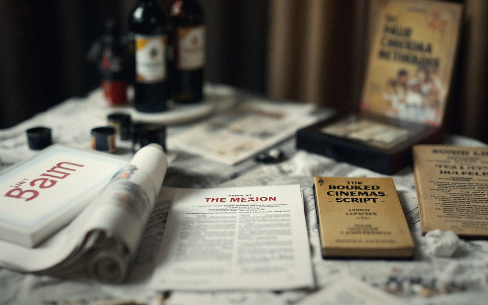 Film scripts, wine bottles and film canisters scattered across a cluttered production table