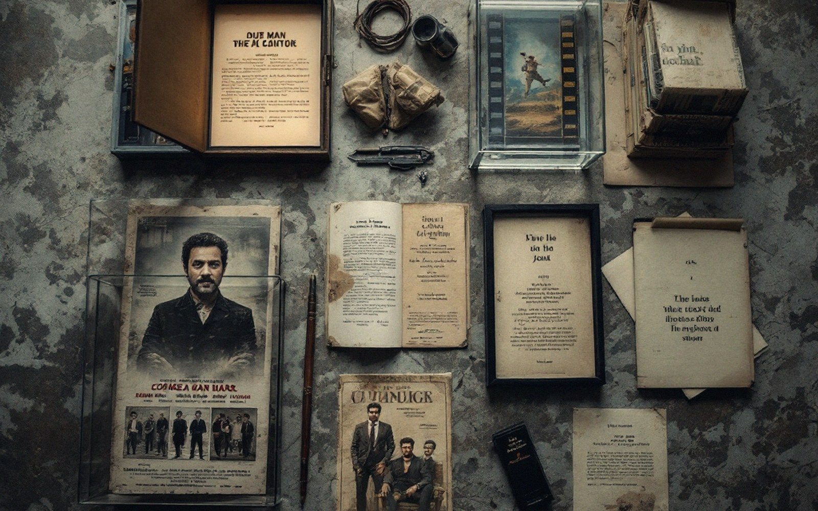 Vintage film posters, weathered books, film reels and rope arranged flat on a worn surface