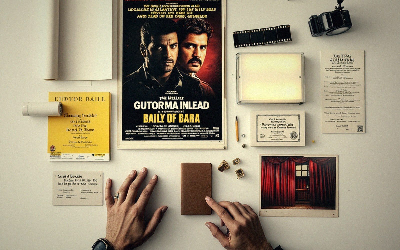 Hands arrange a movie poster, film strip, notebook and photographs on a flat desk