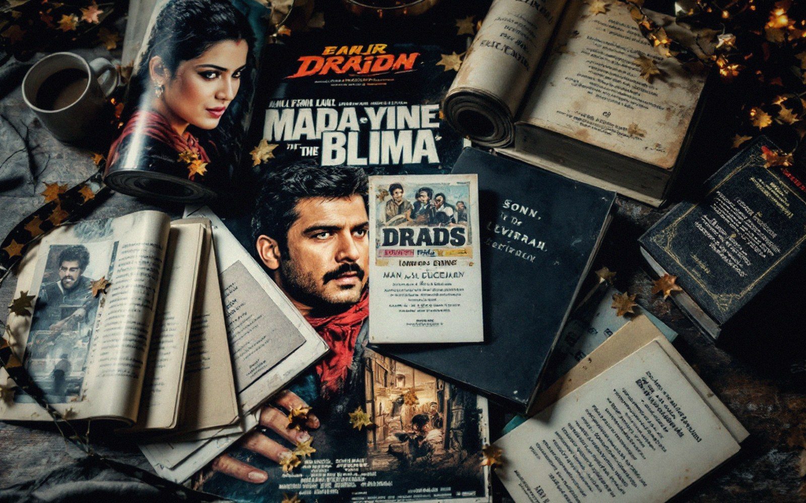 Movie posters and open books scattered on a table with fairy lights