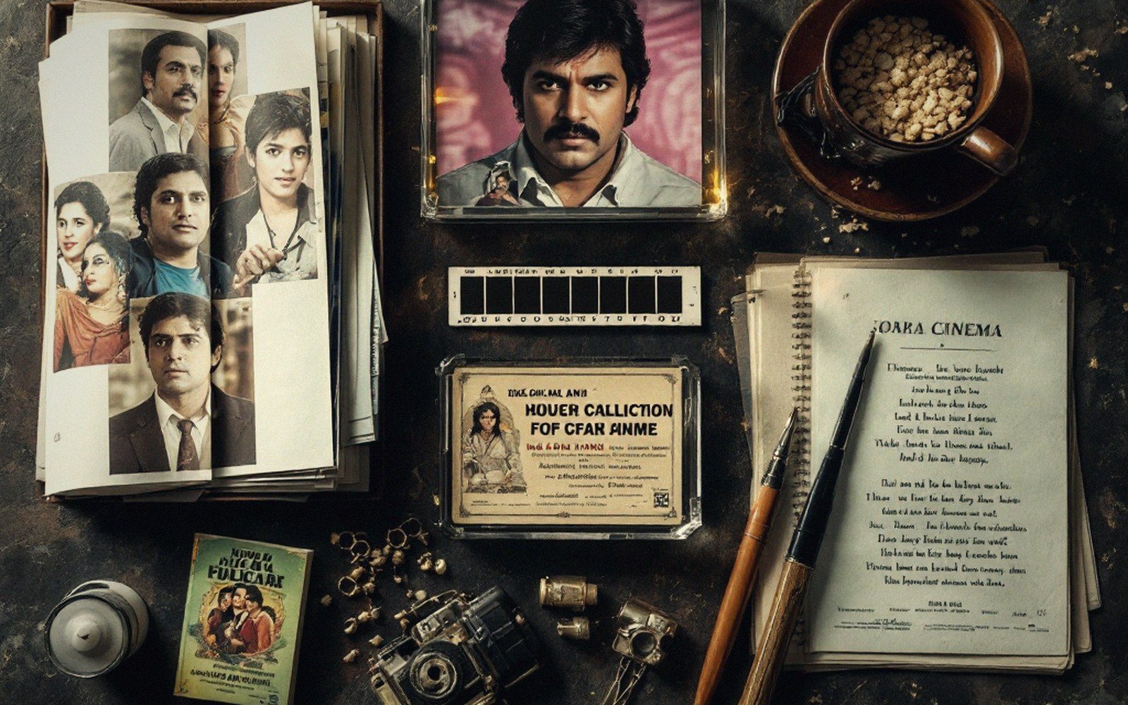 Framed portrait, film strip, ticket stub, notebook and camera arranged as a nostalgic cinema collage