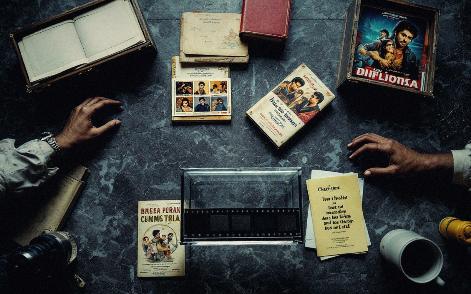 Hands arrange vintage film reels, photo booklets and movie posters on a table