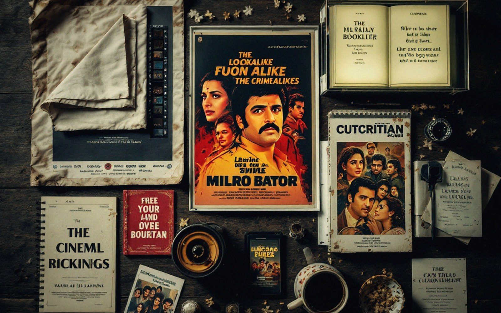 Vintage Bollywood movie posters and booklets arranged flat lay on a wooden table