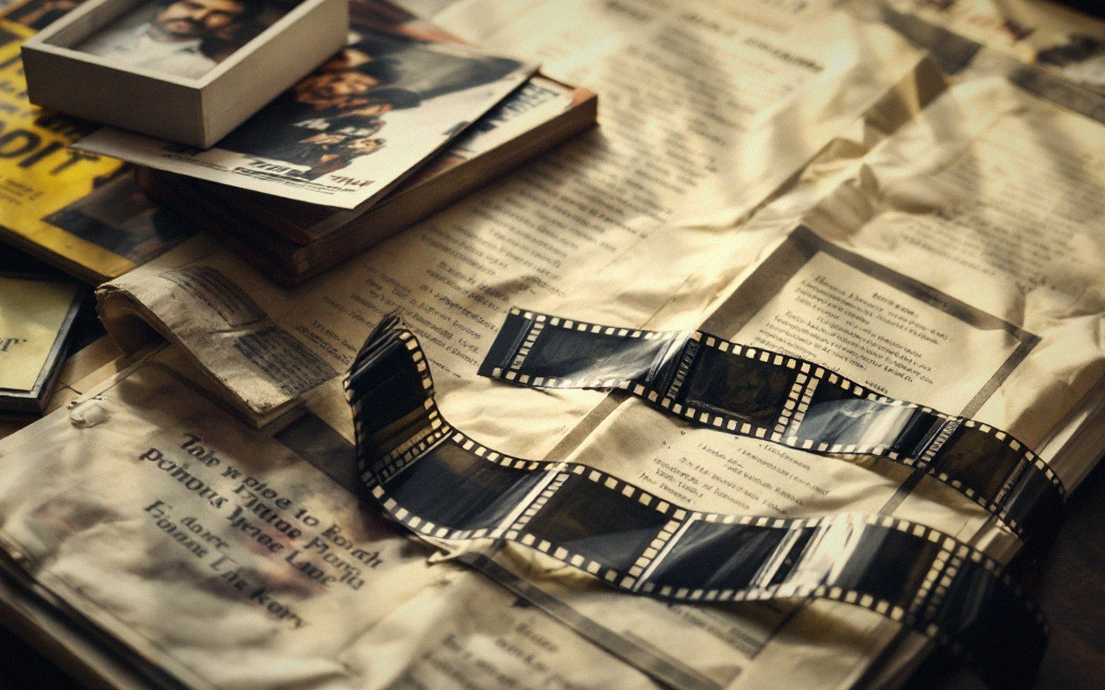 A curled film strip resting atop old newspapers and stacked photographs