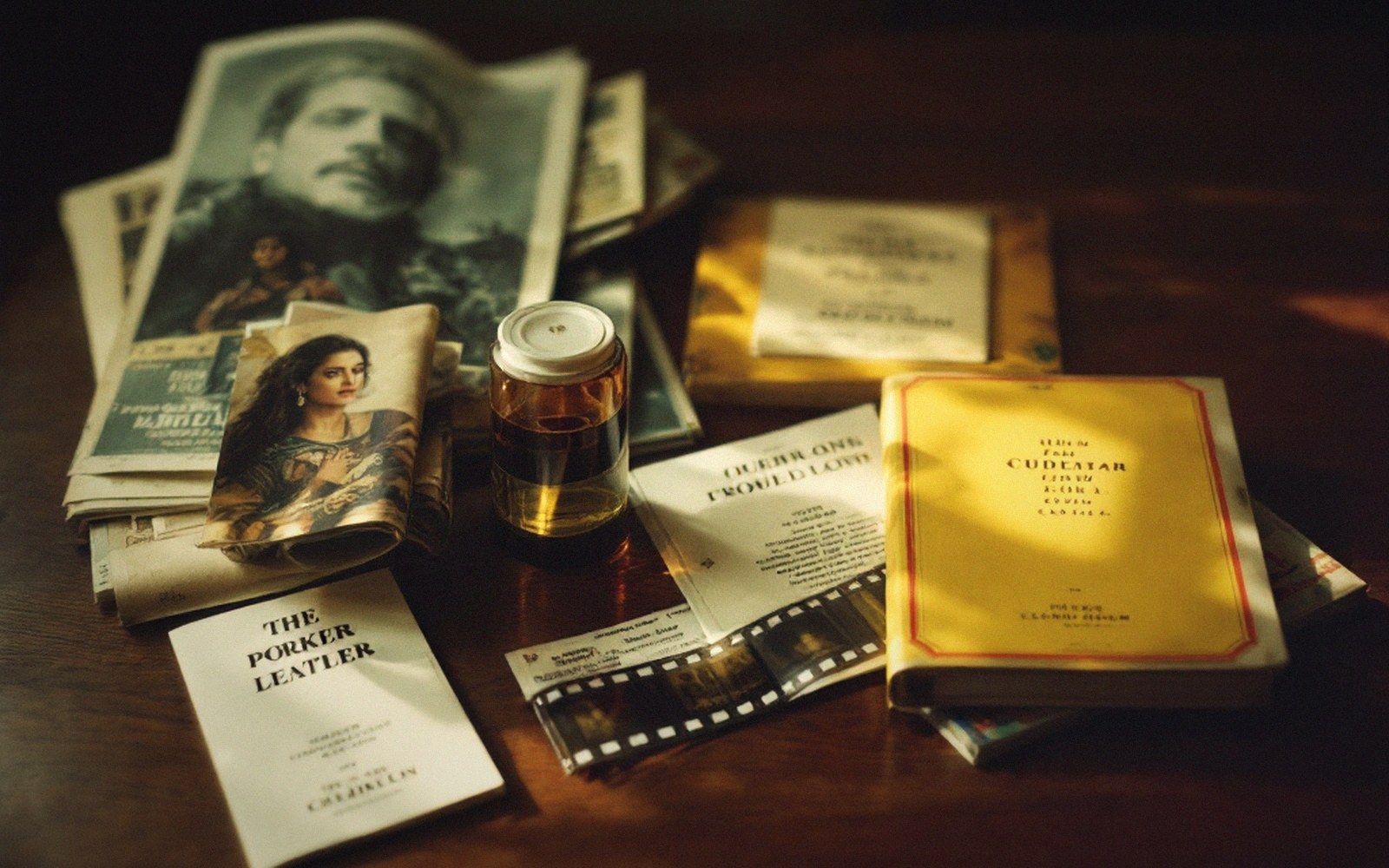 Vintage film posters, a jar of whiskey and a filmstrip scattered on a wooden table