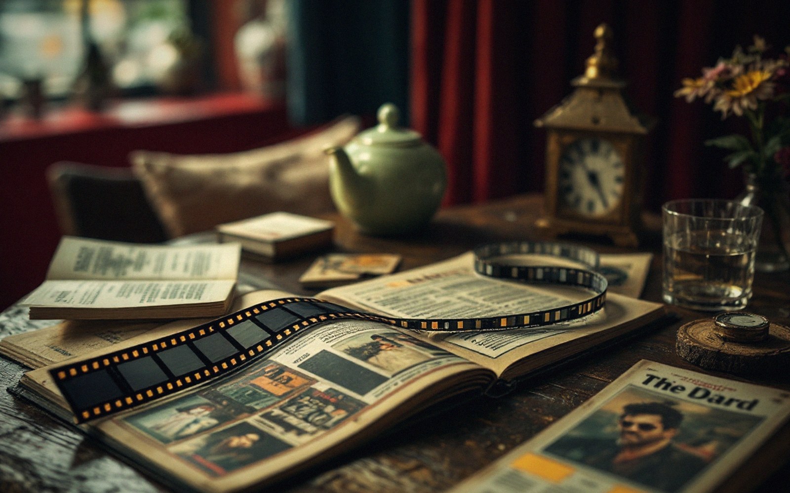Film strip coiled across an open magazine beside a teapot, clock and newspaper on a cluttered table