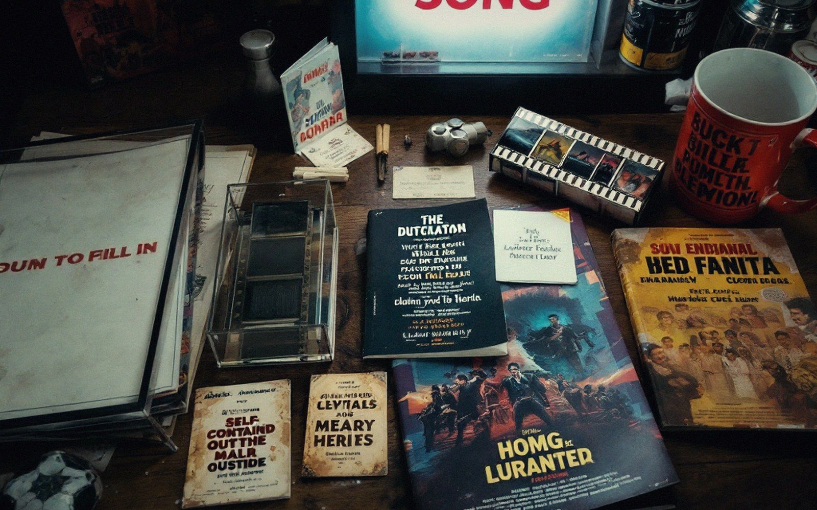 Movie posters, film strips, notecards, and a mug cluttered on a desk