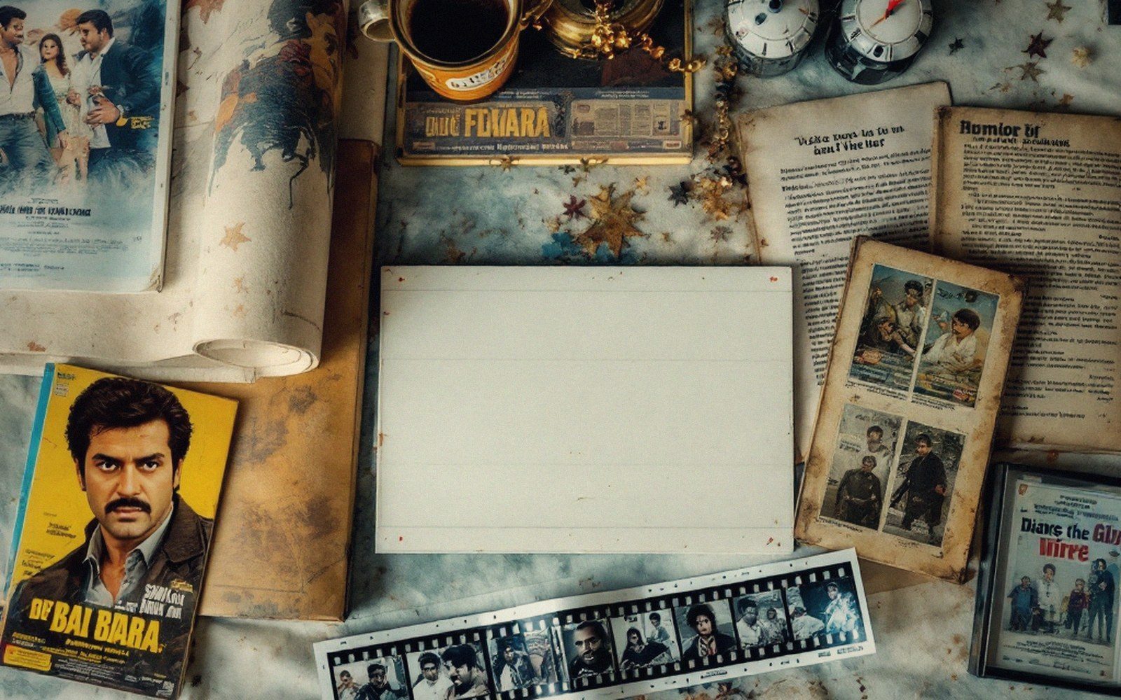 Movie posters, film strips, magazines and a blank card scattered across a cluttered desk