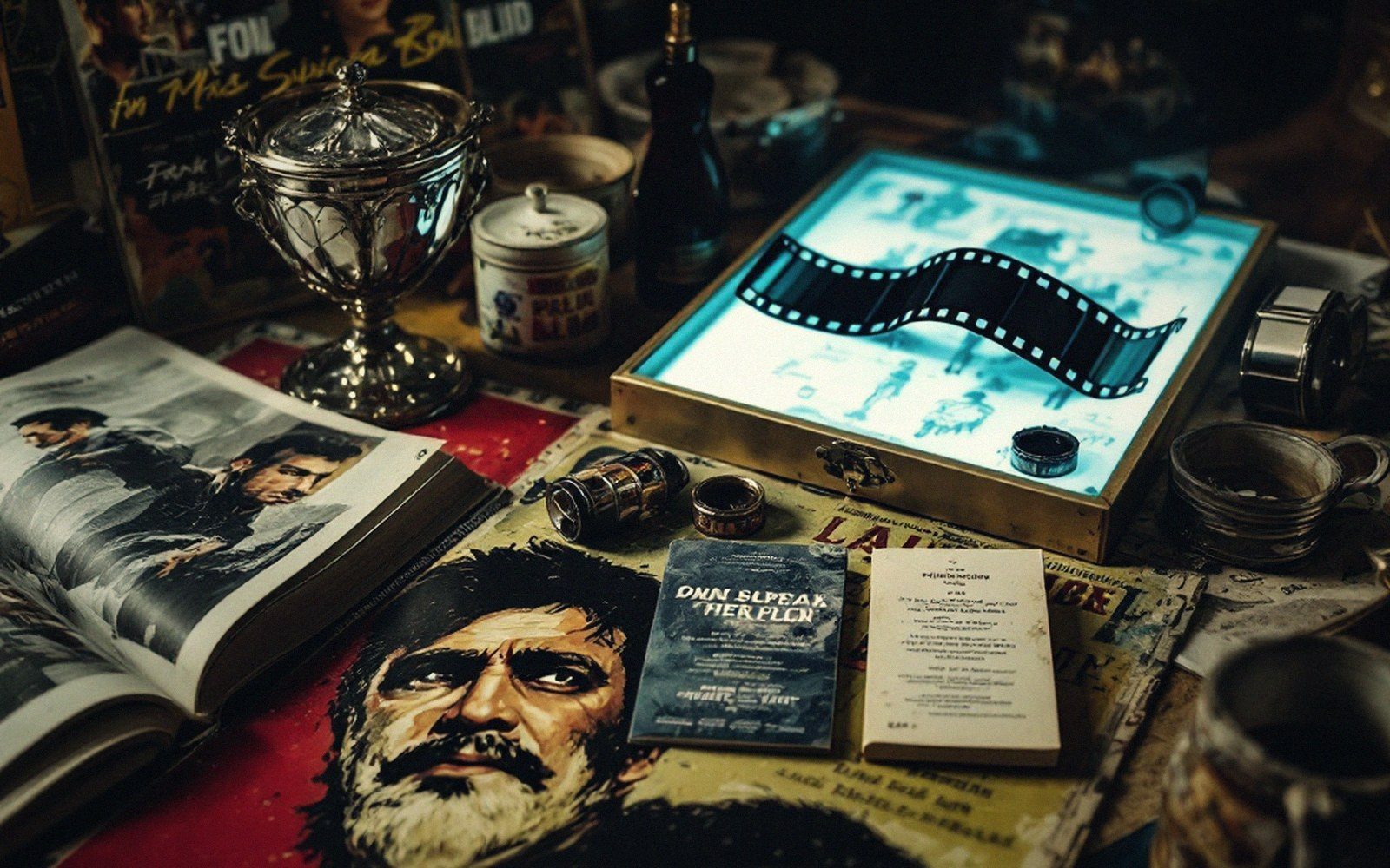Vintage film reels glow on a lightbox amid old movie posters, trophies and tins