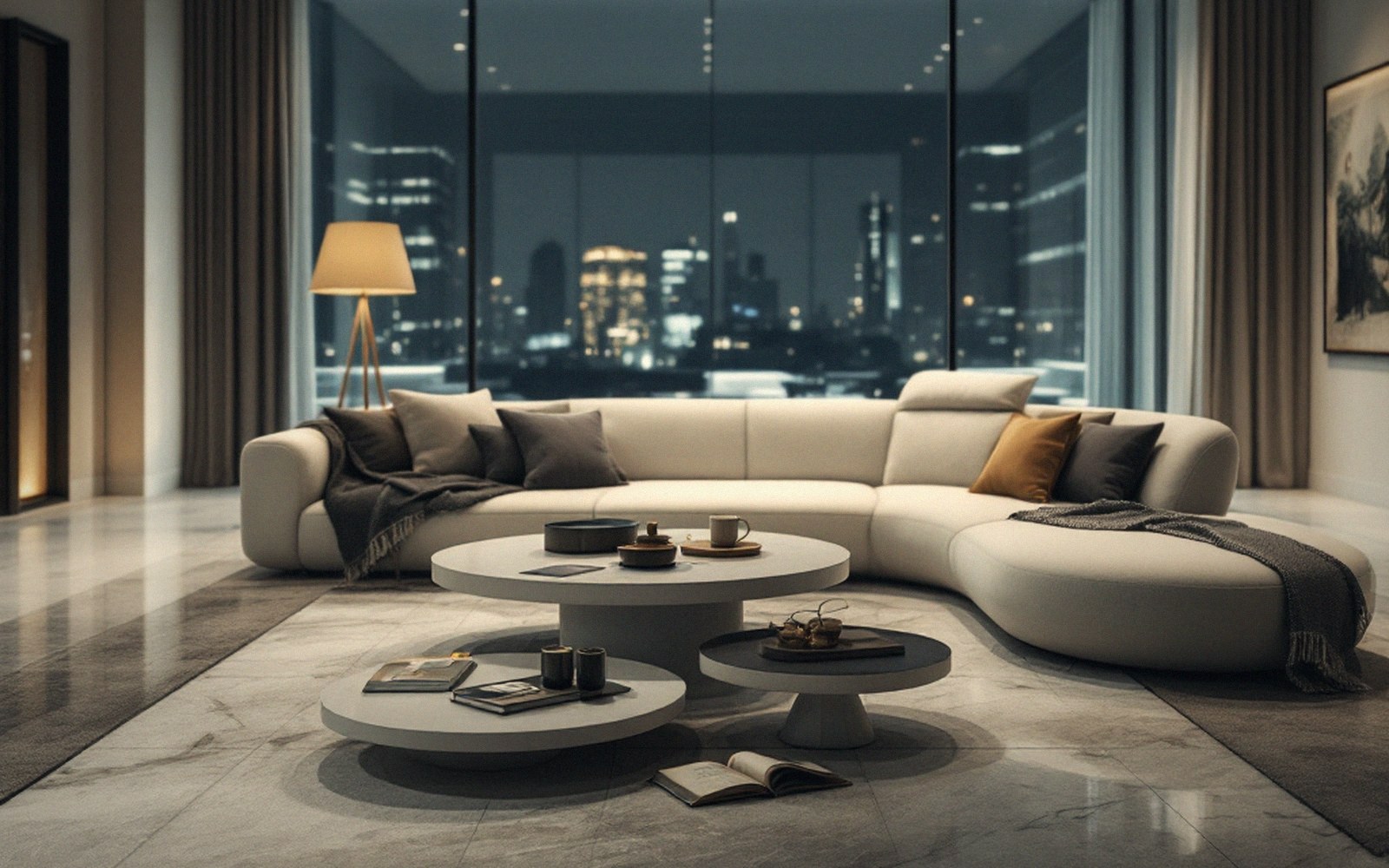 Curved beige sectional sofa faces round coffee tables with a floor-to-ceiling city skyline view