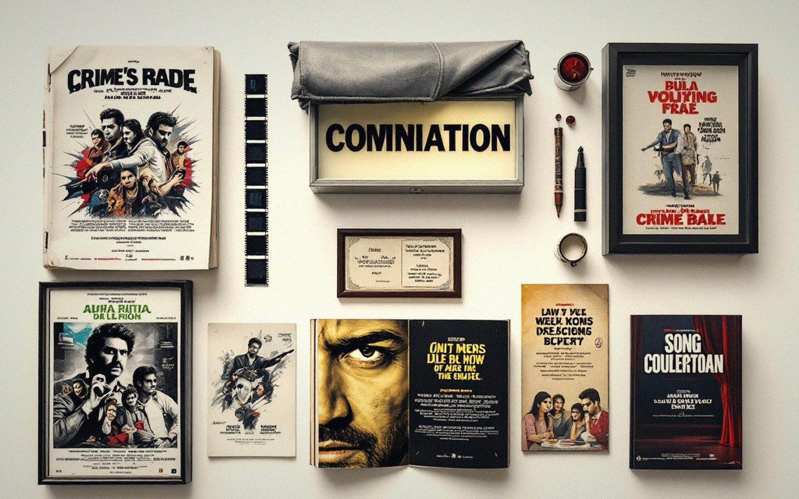 Flat lay of framed crime movie posters, a lit sign, film strip, and a script booklet