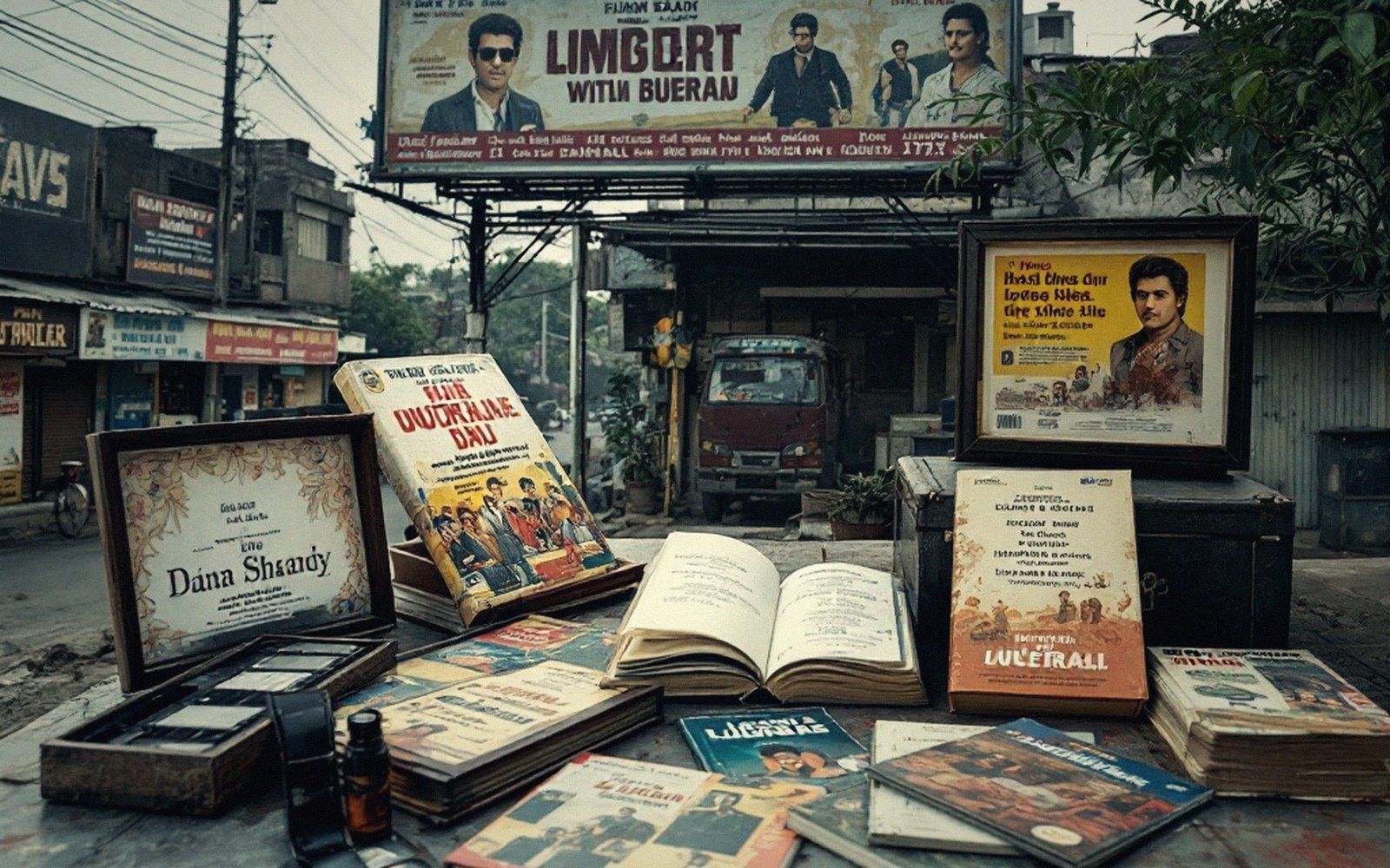A hand-painted cinema hoarding above a street