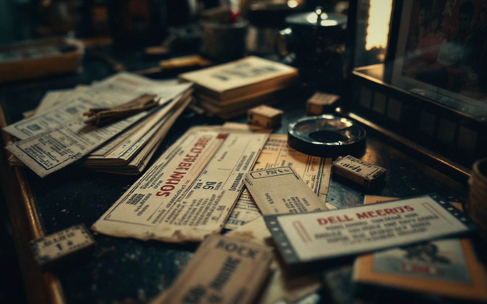 Old printed cinema ticket stubs on a counter